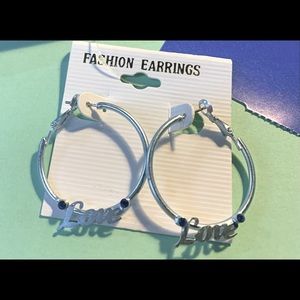 Lovely- Blue and Silver-tone Sapphire “Love” large Hoop Earrings.  Very Unique!